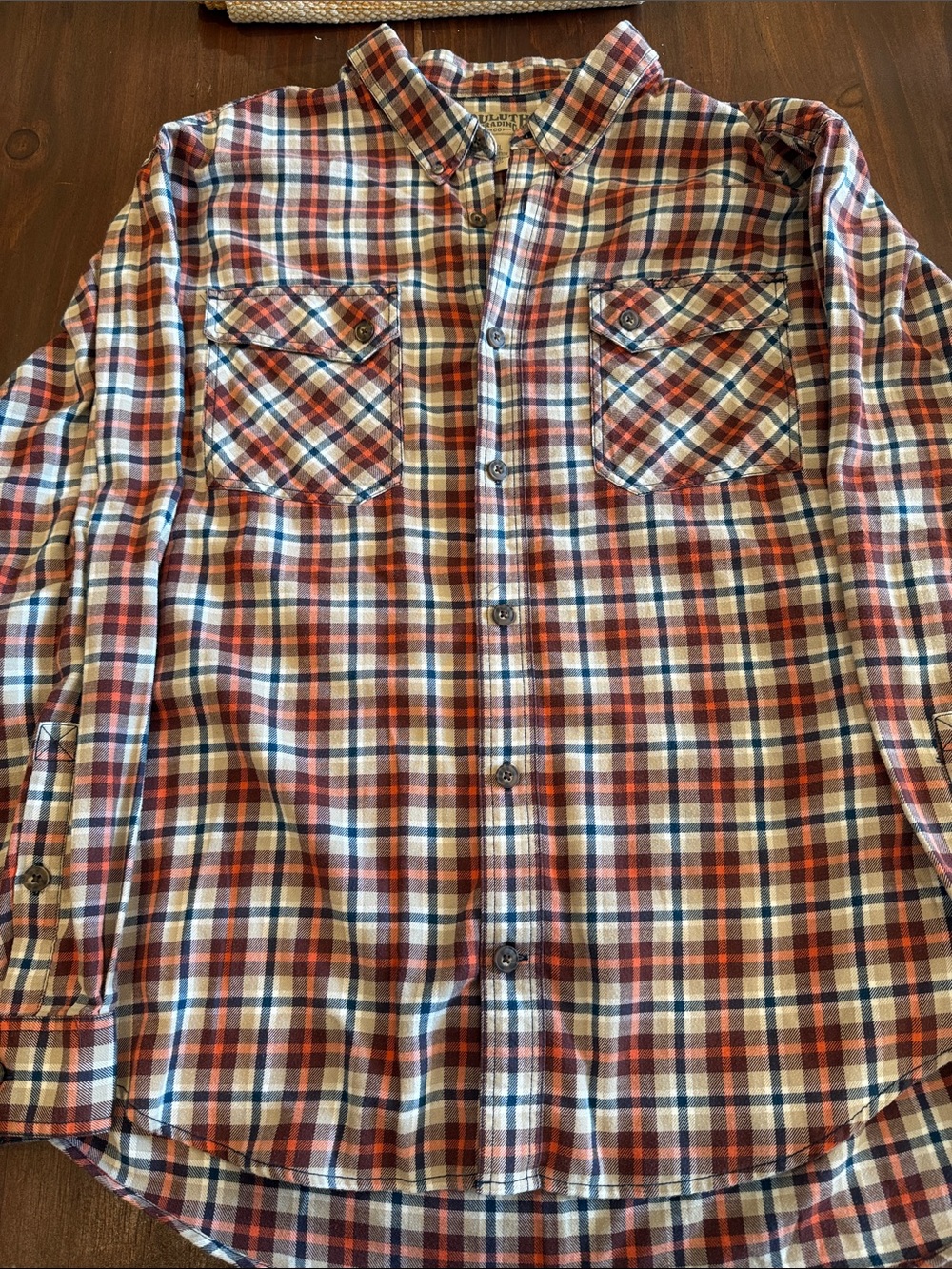 Duluth Trading Co Plaid Button-Down Shirt in Rust Blue White